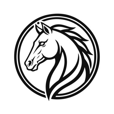 Dairesel çerçeveli zarif bir at başı profili, siyah ve beyaz vektör logosu. Aygır amblemi, binicilik sporu, at yarışı, hayvan profili