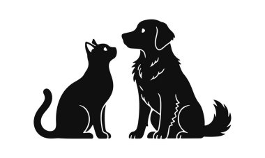 Bir kedi ve köpeğin silueti birlikte oturuyor, beyazın üzerinde izole bir şekilde. evcil hayvan, hayvan kliniği, veteriner bakımı, evcil hayvan dükkanı, ev arkadaşları