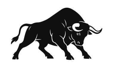 Güçlü siyah boğa silueti, hücum pozisyonunda, beyaz üzerine izole edilmiş. Kızgın boğa, boğa sembolü, çiftlik hayvanı, sığır logosu