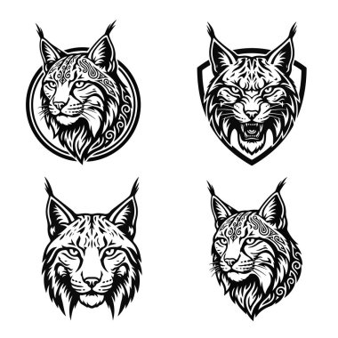 Bir grup vaşak başı, beyaz arka planda izole edilmiş kabile şekilli vahşi vaşak siluetleri. Vaşak logosu, vahşi kedi, kabile hayvan deseni, yırtıcı başı, vahşi kedi.