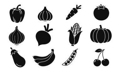 Siyah sebze ve meyve siluetleri, organik gıdaların katı vektör simgeleri, sağlıklı beslenmek için basit düz tasarım elementleri.