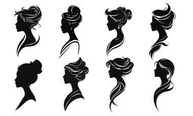 Sekiz adet zarif kadın silueti profili. Güzel saçlar, kadın yüzü, zarif bayan, manken, profil manzarası. Beyaz arkaplandaki kadınların vektör izole simgeleri