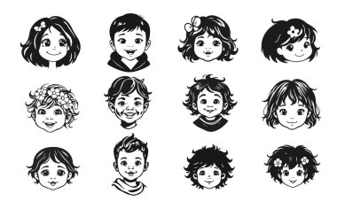 12 sevimli çocuk yüzü, siyah beyaz vektör simgeleri. Tatlı çocuk, çizgi film yüzü, mutlu çocuk, vektör karakter, erkek kız. Avatarlar ve çocuklar için neşeli ifadeler