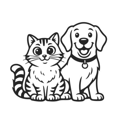 Sevimli çizgi film köpekleri ve kedi arkadaşları, siyah beyaz vektör çizgisi sanatı. Şirin köpek yavrusu, komik kedi yavrusu, evcil hayvan arkadaşlığı, boyama kitabı, çizgi film hayvanları. Çocuk tasarımı için mutlu karakterler