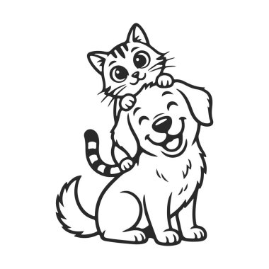 Sevimli çizgi film köpekleri ve kedi arkadaşları, siyah beyaz vektör çizgisi sanatı. Şirin köpek yavrusu, komik kedi yavrusu, evcil hayvan arkadaşlığı, boyama kitabı, çizgi film hayvanları. Çocuk tasarımı için mutlu karakterler