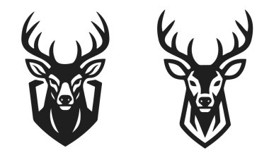 Büyük boynuzlu iki geyik başlı logo seti. Siyah geyik silueti, geyik ikonu, av kupası, orman hayvanı