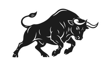 Saldıran boğanın siyah silueti. Kızgın hayvan, vahşi bufalo, İspanyol koridoru. Vektör illüstrasyonu