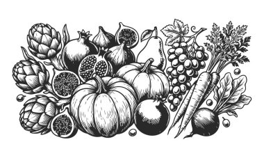 Balkabağı, incir ve üzümlü sonbahar hasadı. Hasat festivali, sağlıklı beslenme, kaliteli meyve, organik sebze, sonbahar ödülü. Siyah ve beyaz vektör