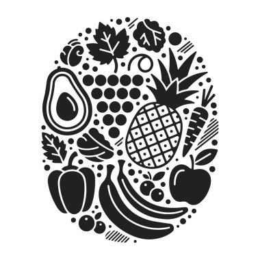 Meyve ve sebze ikonlarının oval bileşimi, siyah ve beyaz vektör çizimi. Sağlıklı gıda, organik ürünler, vejetaryen yaşam tarzı, taze hasat, meyve seti