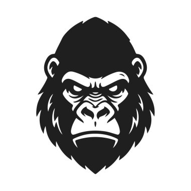 Siyah beyaz goril kafası. Kızgın primat, vahşi hayvan, erkek goril, maymun surat, hayvanat bahçesi ikonu. Bir spor takımı logosu için vektör illüstrasyonu