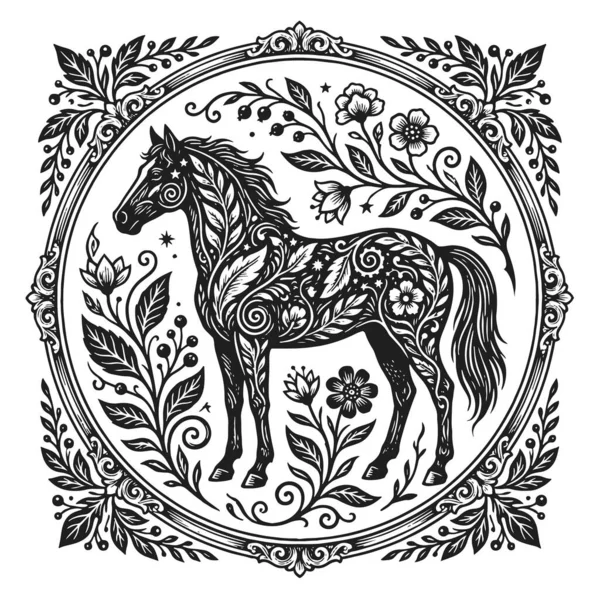 Eski bir süs çerçevesinde süslü bir çiçek atı. Çiçekli zarif halk sanatı tasviri. Tebrik kartı için doğa tasarımı