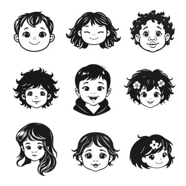 Tatlı çocuk yüzleri, çizgi film çocukları, duygusal bebek ifadeleri, siyah beyaz karakterler.