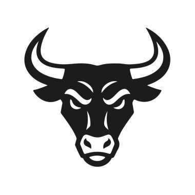 Boğa kafa. Kızgın boğa, hayvan kafası, boynuz silueti, çiftlik hayvanı. Minimalist siyah ve beyaz vektör çizimi