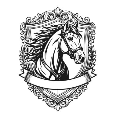 Kraliyet kalkanıyla süslenmiş at amblemi. Laurel Çelengi 'nin içindeki klasik çerçeveli asil aygır. Binicilik markası için ayrıntılı siyah-beyaz vektör sanatı