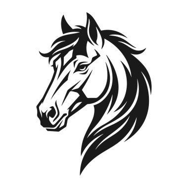 Kalın çizgili siyah-beyaz at baş vektör çizimi, hafif arka planda izole edilmiş zarif at portresi, at kafası, vahşi at kafası, at logosu, at amblemi.