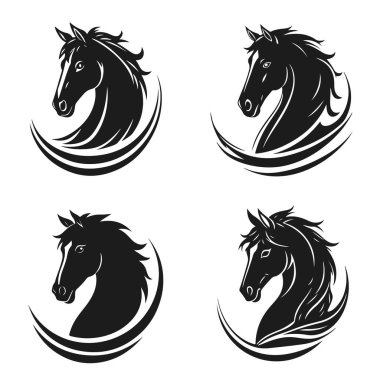 Akan yeleli at kafası siluetleri. Zarif aygır ikonu, vahşi mustang sembolleri. Güçlü vektör logosu çizimleri