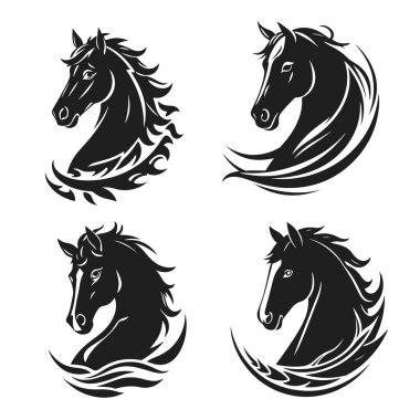 Set of horse head silhouettes with flowing mane designs. Elegant stallion icon, wild mustang symbols. Strong vector logo illustrations