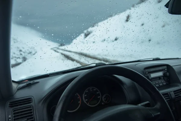 Auto Sněhem Okně Zimní Backgroun — Stock fotografie