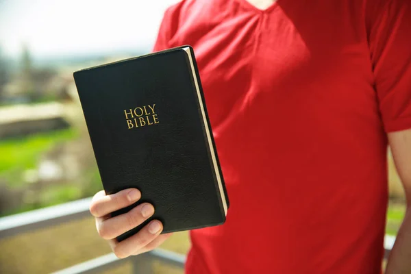 Mano Del Hombre Sagrada Biblia Naturaleza Backgroun — Foto de Stock