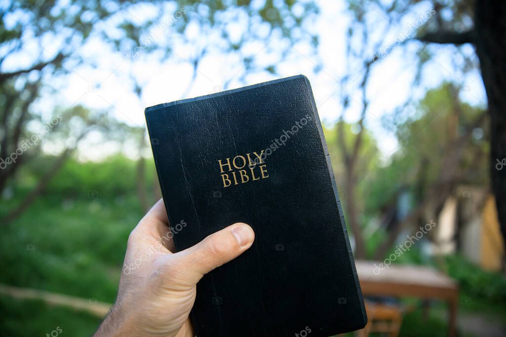 man hand Holy Bible in the nature backgroun