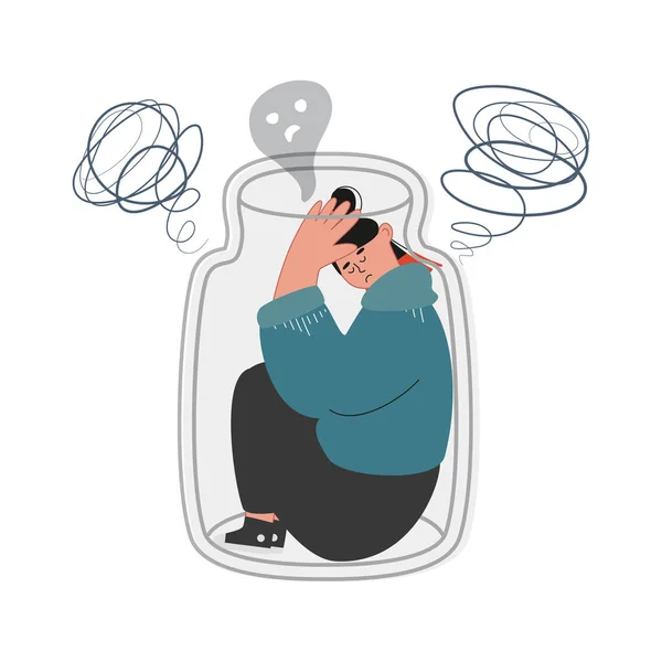 Depresyondaki genç kız. Cam kubbedeki üzgün genç kadın, içine kapanık üzgün ergen, bir kadın mahkum. Yalnızlığın vektör çizimi