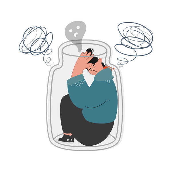 Депрессивная девочка-подросток. Грустная депрессивная молодая женщина в стеклянном куполе, замкнутый грустный подросток, одна заключенная. Векторная иллюстрация одиночества