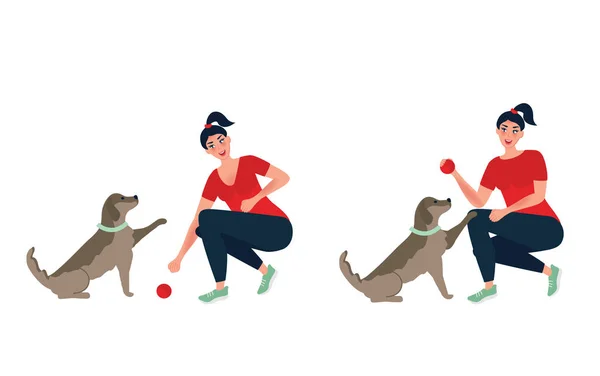 女の子は犬と一緒にボールをしている 子犬の訓練と世話 犬のハンドラーの職業の概念 ベクターイラスト — ストックベクタ