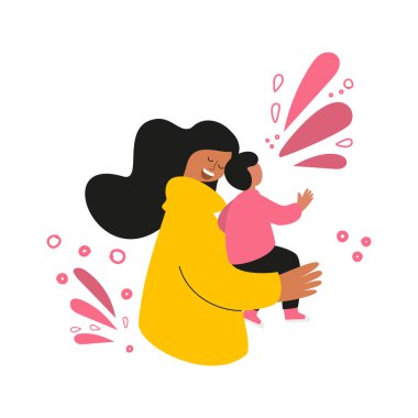 Happy mother with a baby in her arms. Concept for a mother's day greeting card. Vector illustration with women and children. Design element for postcards, posters, banners, and other uses. clipart