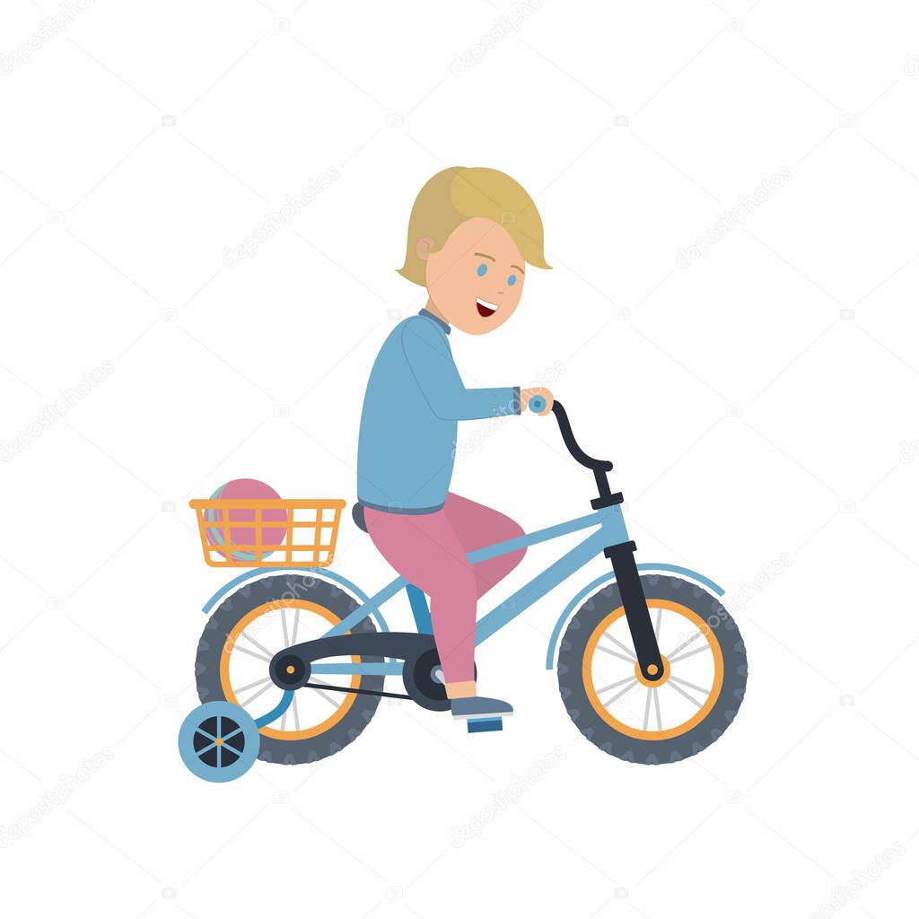 A boy without a helmet rides a four-wheeled bicycle. Isolated