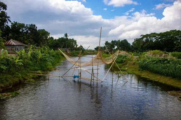Redes Pesca Bambu Uma Bela Vista Para Rio Bangladesh Pescadores Imagem De Stock