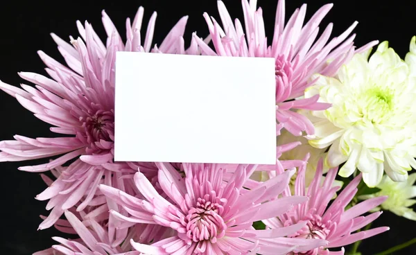 Μπουκέτο Από Όμορφα Λουλούδια Άδεια Λευκή Κάρτα Καλοκαιρινό Concept Κοντινή — Φωτογραφία Αρχείου