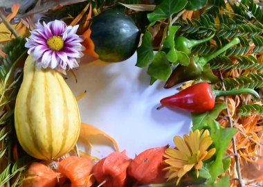 Sonbahar ağacı dalları ve balkabaklı biberler arasında boş beyaz kağıt kart, yakın görüş 