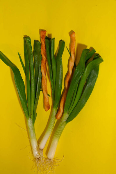 fresh ripe leeks and grissini breadsticks on light background, close view