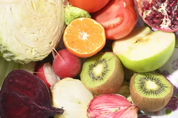 Légumes Frais Mélangés Avec Des Fruits Vue Rapprochée — Photo