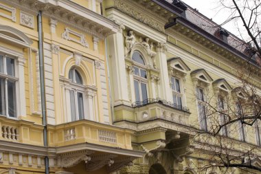 Şehrin caddesindeki eski güzel binanın manzarası 