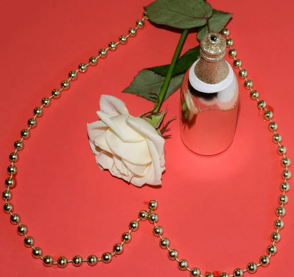 Composizione Romantica Fiore Rosa Con Perline Forma Cuore Bottiglia Concetto — Foto Stock