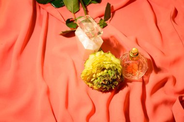 Parfüm şişeli çiçeğin romantik kompozisyonu, Sevgililer Günü konsepti 