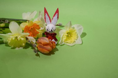 Dekoratif Paskalya tavşanlı güzel çiçekler parlak arka plan, bahar konsepti, yakın görüş   