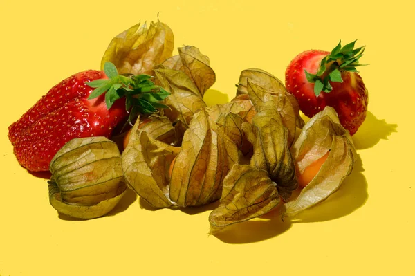 Vue Rapprochée Fraises Fraîches Juteuses Physalis Sur Fond Lumineux — Photo