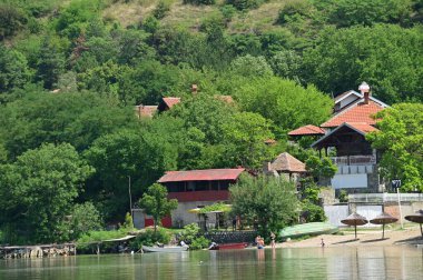 Güneşli bir günde sahil manzarası ve nehir kıyısındaki ormanın yakınındaki binalar.