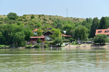 Güneşli bir günde sahil manzarası ve nehir kıyısındaki ormanın yakınındaki binalar.