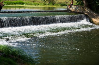 Şelalenin kıyısında oturan adam hızla akan nehirle birlikte ormanda. 