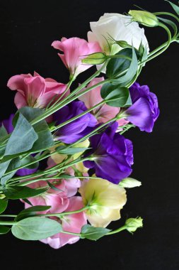 close up eustoma and rose flowers on black background 
