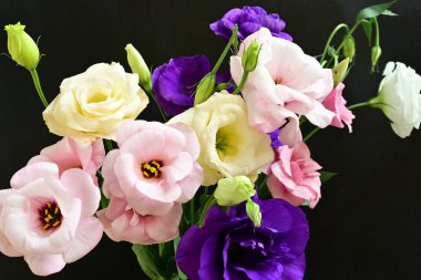 close up eustoma and rose flowers on black background 