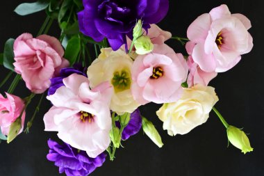 close up eustoma and rose flowers on black background 