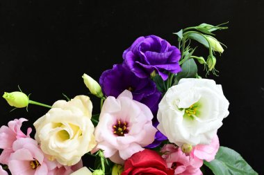rose and eustoma flowers close up on black background 