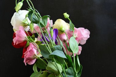 rose and eustoma flowers close up on black background 