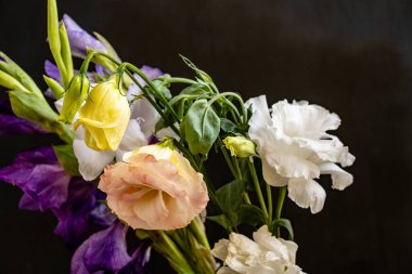 Siyah arka planda narin çiçekleri olan güzel çiçek buketini kapat.         