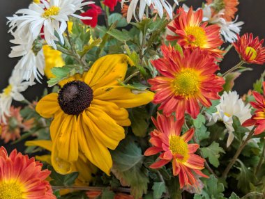 Sarı papatyalar da dahil çeşitli çiçeklerden oluşan renkli bir buket.