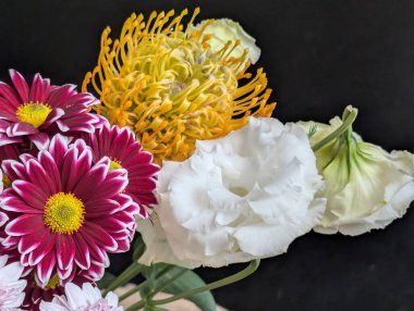 Koyu arkaplanda düzenlenmiş renkli çiçekler